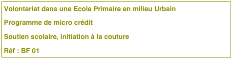 Volontariat dans une Ecole Primaire en milieu Urbain
Programme de micro crédit
Soutien scolaire, initiation à la couture
Réf : BF 01 
