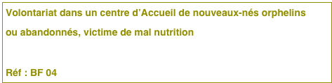 Volontariat dans un centre d’Accueil de nouveaux-nés orphelins 
ou abandonnés, victime de mal nutrition

Réf : BF 04 


