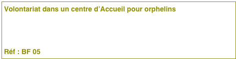Volontariat dans un centre d’Accueil pour orphelins


Réf : BF 05 




