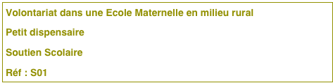 Volontariat dans une Ecole Maternelle en milieu rural 
Petit dispensaire
Soutien Scolaire
Réf : S01 
