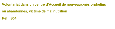 Volontariat dans un centre d’Accueil de nouveaux-nés orphelins 
ou abandonnés, victime de mal nutrition
Réf : S04 


